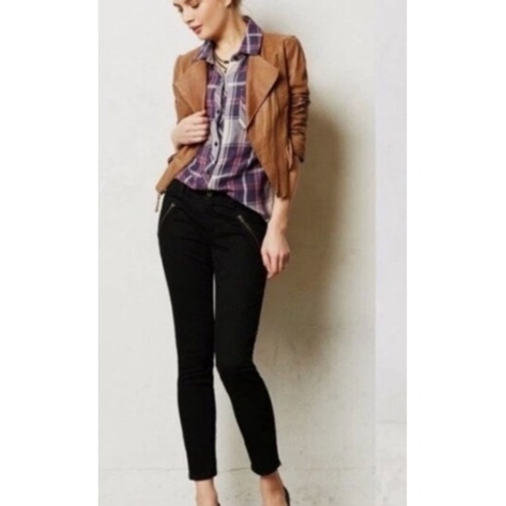 Anthropologie Pilcro Stet Slim Ankle Jeans Black Moto Zip Size 31 Anthro